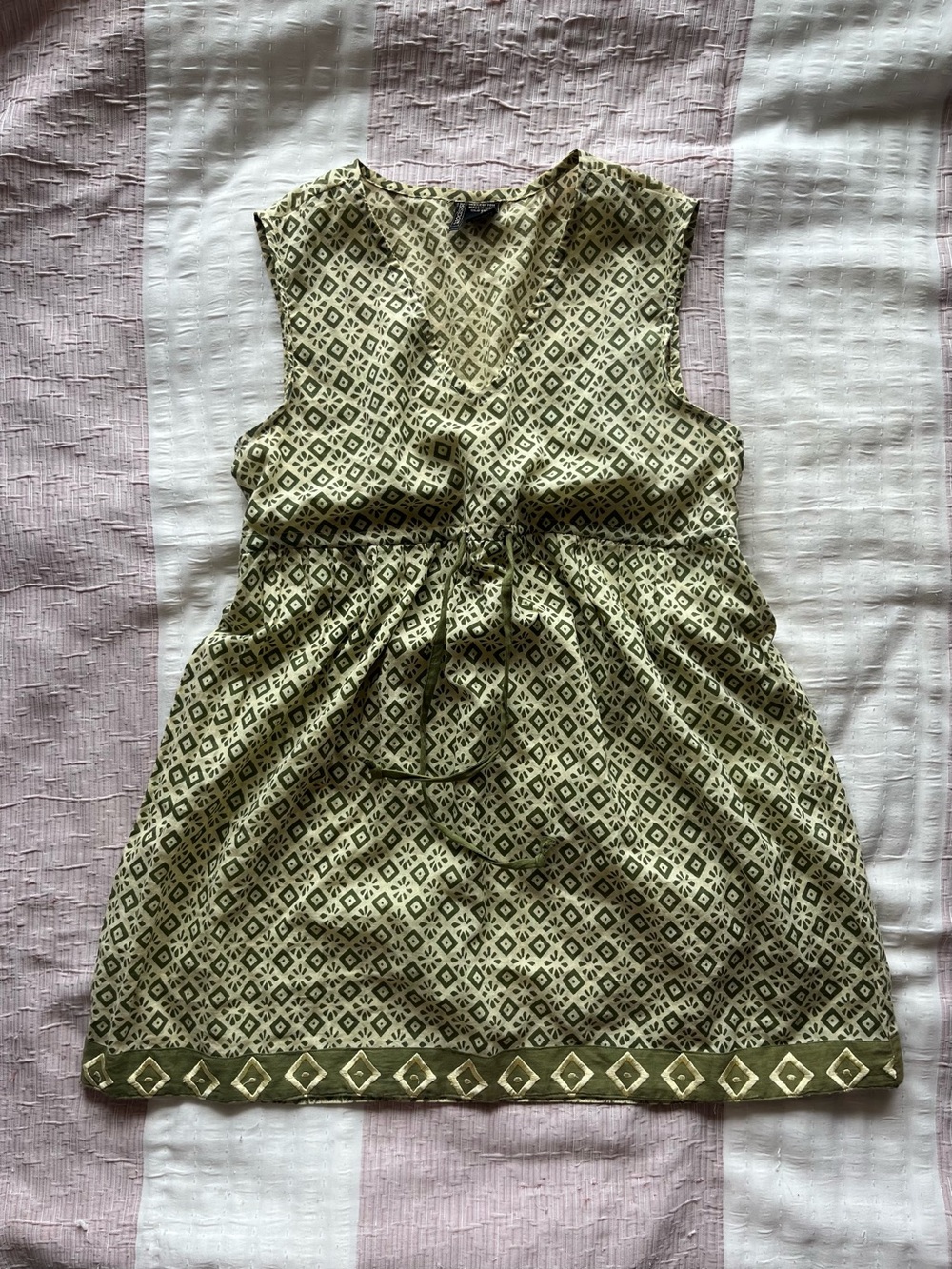 Y2K 2000s style Babydoll Green Cream Geometric design VNeck Long top/Mini dress